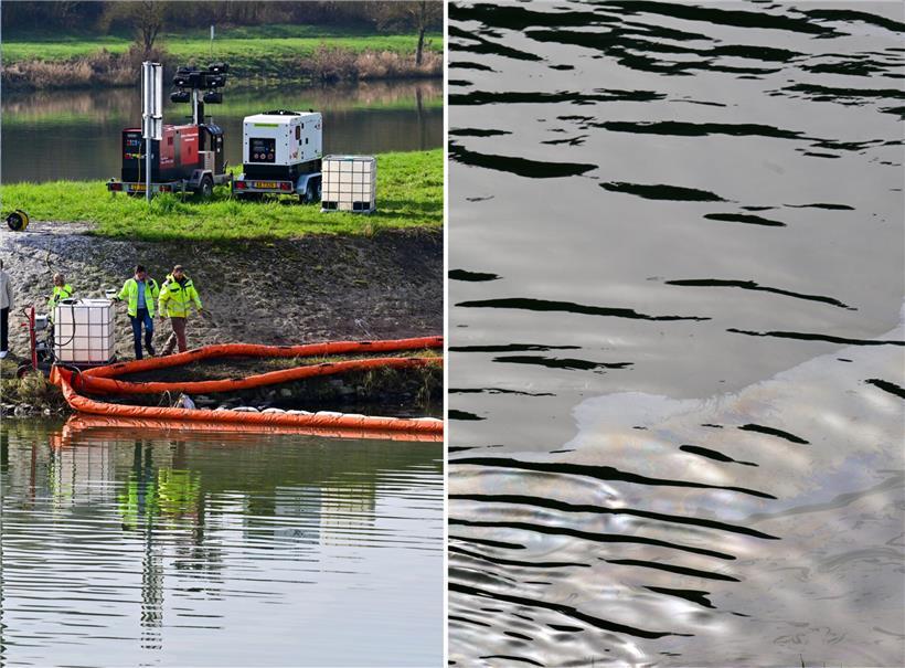 CGDIS sichert Hafenausfahrt Mertert mit Ölsperre, sichtbarer Ölfilm auf der Mosel zum Umweltschutz