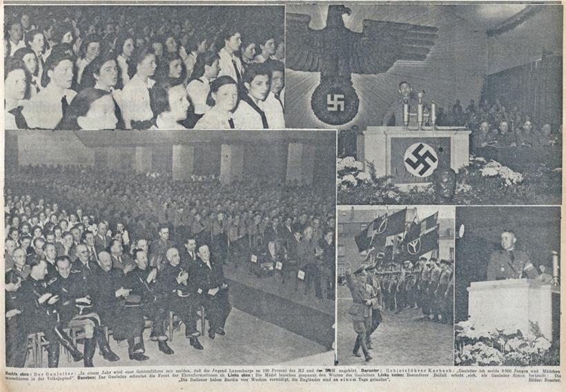 20. April 1941: Gauleiter Simon feiert Hitlers Geburtstag mit der „Luxemburger Volksjugend“ in der Limpertsberger Ausstellungshalle
