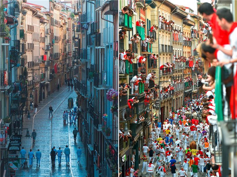 2020 und 2019 im Vergleich: Wegen Corona findet erstmals seit fast 100 Jahren kein Stiertreiben in den Altstadtgassen von Pamplona statt
