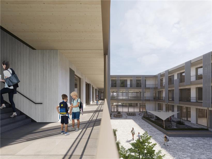 Moderne Grundschule mit Sporthalle, grünem Schulhof, Maison relais und unterirdischem Parkraum für 90 Millionen Euro