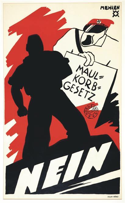 A chaque fois qu’une loi d’exception est votée, le spectre de la loi muselière revient hanter les esprits. Affiche du graphiste Raymond Mehlen (1914-1983) de 1936 soulignant les dangers de la loi pour le Luxembourg, sur l’arrière-fond de la dictature nazie en Allemagne à la même époque
