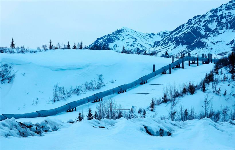 A part of the Trans Alaska Pipeline System runs past Alaska Range mountains near Delta Junction
