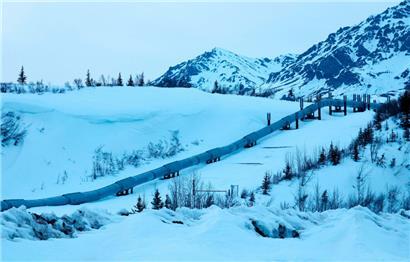 A part of the Trans Alaska Pipeline System runs past Alaska Range mountains near Delta Junction
