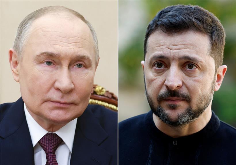 ARCHIV – 02.06.2025, Russland, Moskau: KOMBO- Die Bildkombo zeigt den russische Präsident Wladimir Putin (l) bei einer Videoansprache zum 70. Jahrestag des Weltraumbahnhofs Baikonur am 02.06.2025 und den ukrainische Präsident Wolodymyr Selenskyj (r) an der Residenz des britischen Botschafters nach einem Treffen mit europäischen Staats- und Regierungschefs am 27.03.2025. (zu dpa: «Dreieinhalb Jahre Krieg: Warten…
