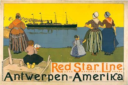 Affiche publicitaire de la Red Star Line, compagnie maritime assurant un service hebdomadaire entre Anvers, Philadelphie et New York de 1872 à 1935
