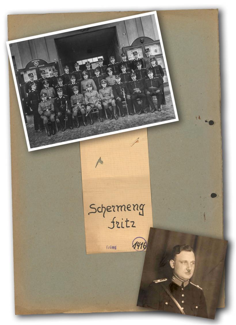 Akte von Friedrich Schermeng mit Porträt und Foto der Eröffnung der Schutzpolizeistelle in Esch/Alzette im August 1940
