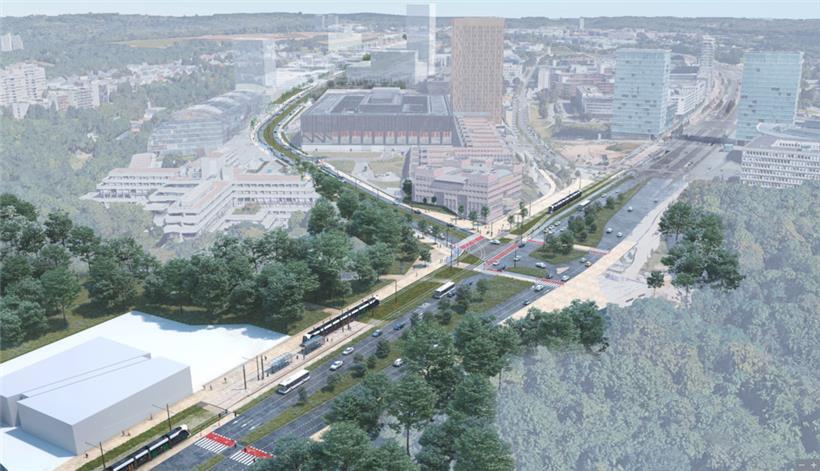 Aktuell fährt die Straßenbahn bereits geradeaus über die Avenue John F. Kennedy ...