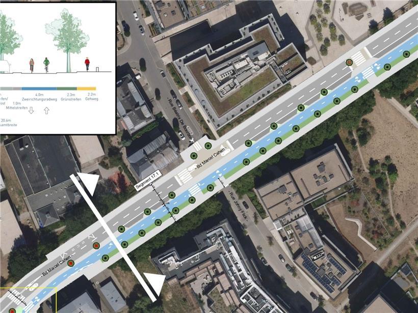 Zweirichtungsradweg im Bau am Boulevard Marcel Cahen, ersetzt aktuell Autoverkehr, nachhaltige Stadtmobilität sichtbar