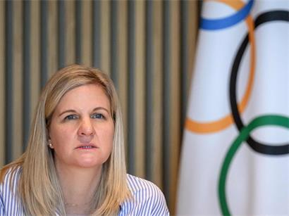 IOC-Präsidentin Kirsty Coventry bei einer Ansprache am Dienstag, ein Jahr im Amt, Sportführung, Olympische Spiele