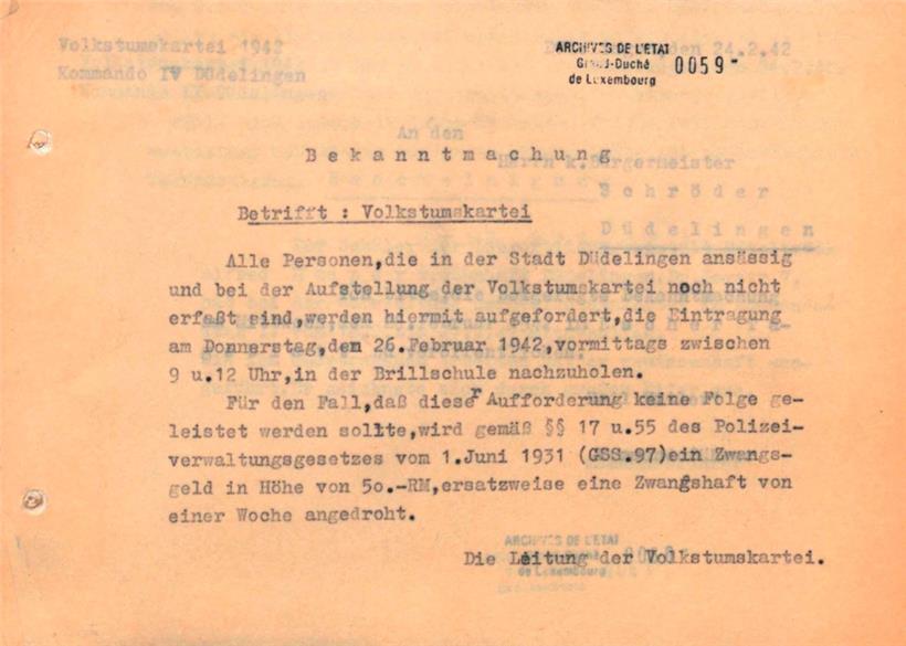 Amtliche Ermahnung, zur Erhebung des Volkstums in Düdelingen zu erscheinen, unter Androhung einer Geld- oder Haftstrafe
