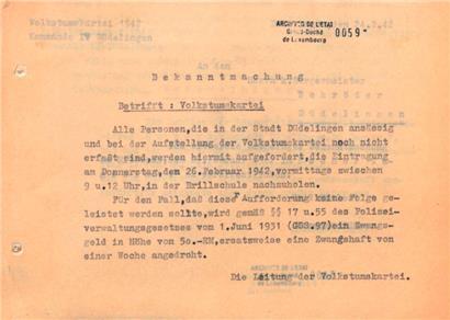 Amtliche Ermahnung, zur Erhebung des Volkstums in Düdelingen zu erscheinen, unter Androhung einer Geld- oder Haftstrafe
