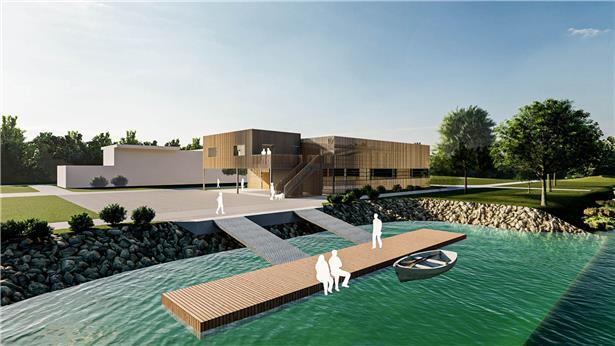 „Finanziell stabil und zukunftsorientiert“: Die Europagemeinde verringert ihre Schuldenlast Hangar mit Ponton am Moselufer im Bau für Ruderfederation, Rheinufer und Wasserfahrzeuge sichtbar