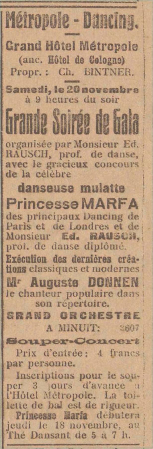 Annonce du Métropole-Dancing, Luxemburger Zeitung Morgen-Ausgabe (17/11/1920), p. 2 (numérisé par la Bibliothèque nationale du Luxembourg)

