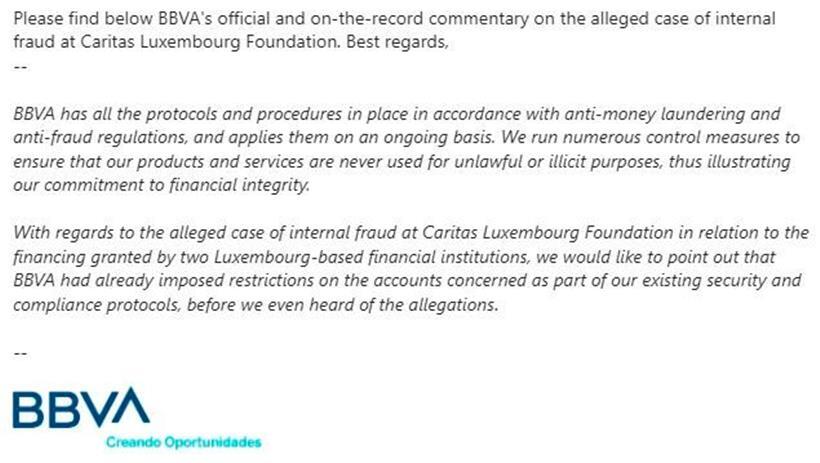 Antwort der Bank BBVA auf die Tageblatt-Anfrage
