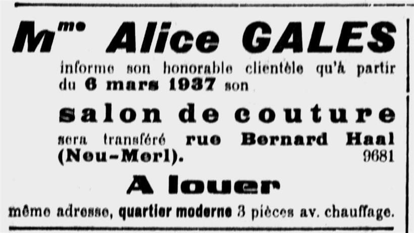 Anzeige für den Nähsalon an der neuen Adresse in Neu-Merl, rue Bernard Haal, Luxemburger Wort, 5. März 1937
