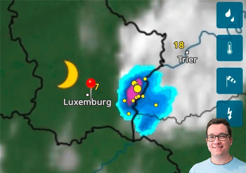 App-Darstellung in Echtzeit eines lokal begrenzten Gewitters in der Moselgegend am 31. August um 4 Uhr nachts. Entstehungsort und weitere Entwicklung sind bei solchen Wetterphänomenen nur sehr kurzfristig im Detail abzubilden. Die Gewitterzelle hatte eine „Lebensdauer“ von lediglich anderthalb Stunden.  
