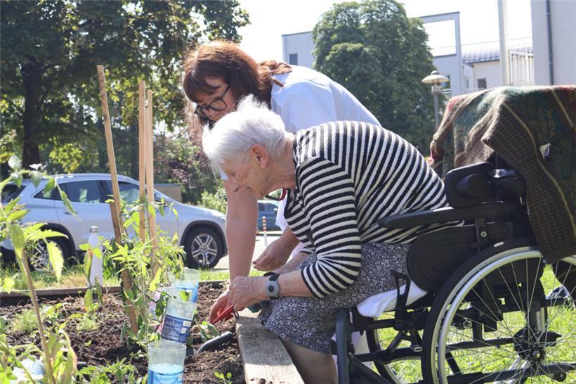 Auch Frau Lekl kümmert sich gerne um die Beete, denn diese sieht sie als gemeinsame Verantwortung
