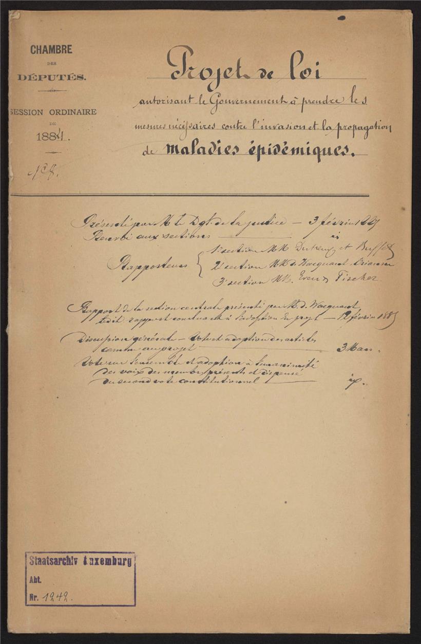 Auch damals schon: Gesetzentwurf aus dem Jahr 1884 zur Ermächtigung der Regierung, die notwendigen Maßnahmen gegen die Verbreitung der Cholera zu ergreifen
