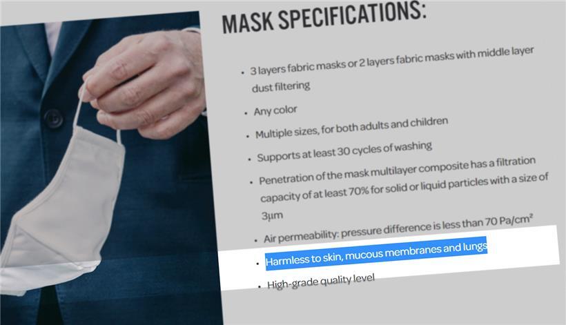 Auf der Webseite von Avrox wird die Ungefährlichkeit der in Vietnam hergestellten Masken vom Typ „M-VTX-A1“ ausdrücklich versichert
