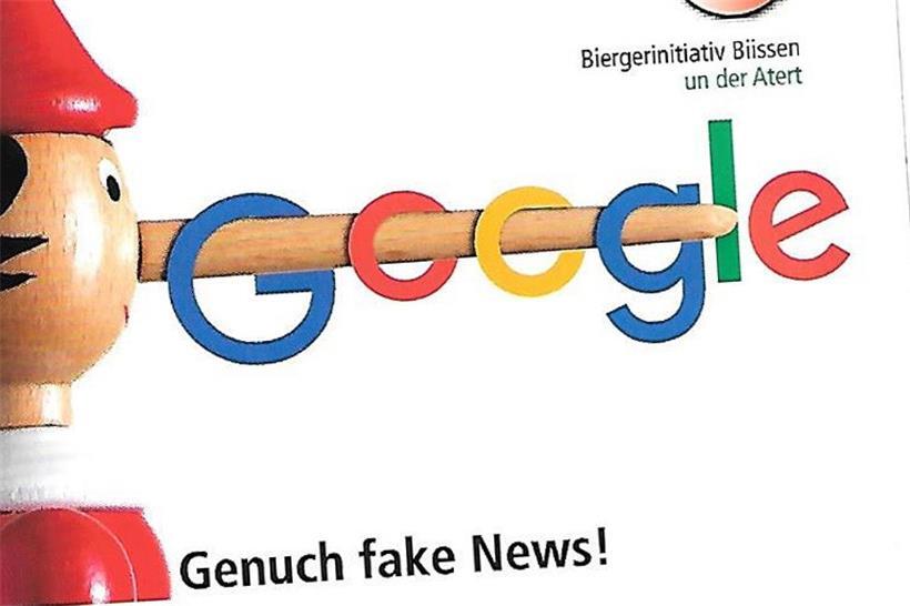 Auf diesem Flugblatt wirft die „Biergerinitiativ Biissen“ Google „Fake News“ vor
