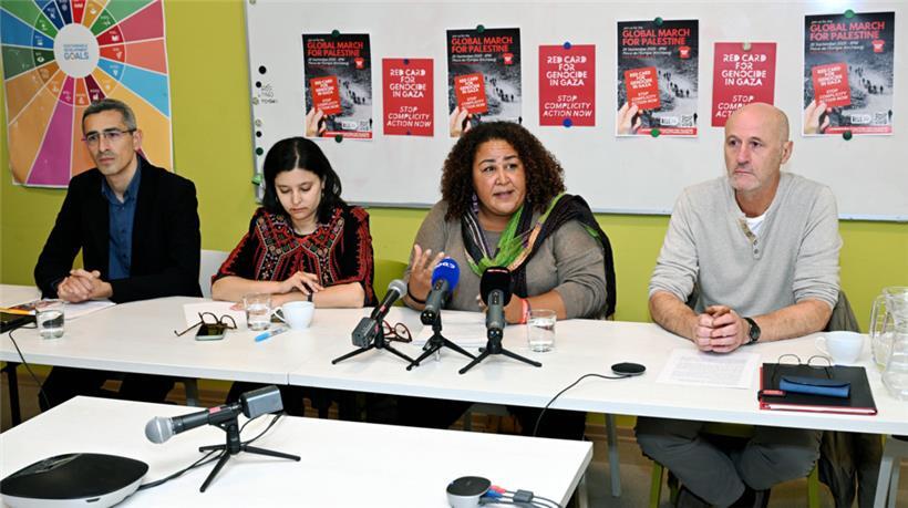 Aufruf zum Solidariätsmarsch: David Pereira (Amnesty International Luxembourg), Dalia Khader (Collectives4Palestine), Nicole Etikwa Ikuku („Cercle de coopération des ONGD“) und Jules Barthel („Comité pour une paix juste au Proche-Orient“)
