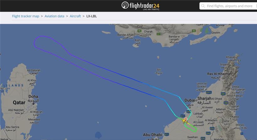 Aufzeichnung des Fluges LG 9010 vom 20. Februar: Die unterschiedlichen Farben stellen die jeweilige Flughöhe dar
