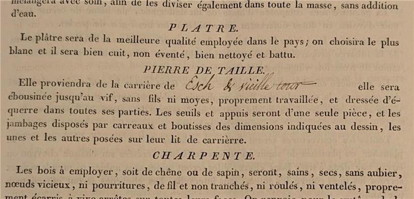 Alt-Tag: Auszug aus dem „devis estimatif et cahier des charges“ für den Schulbau, historische Bauunterlagen im Nationalarchiv