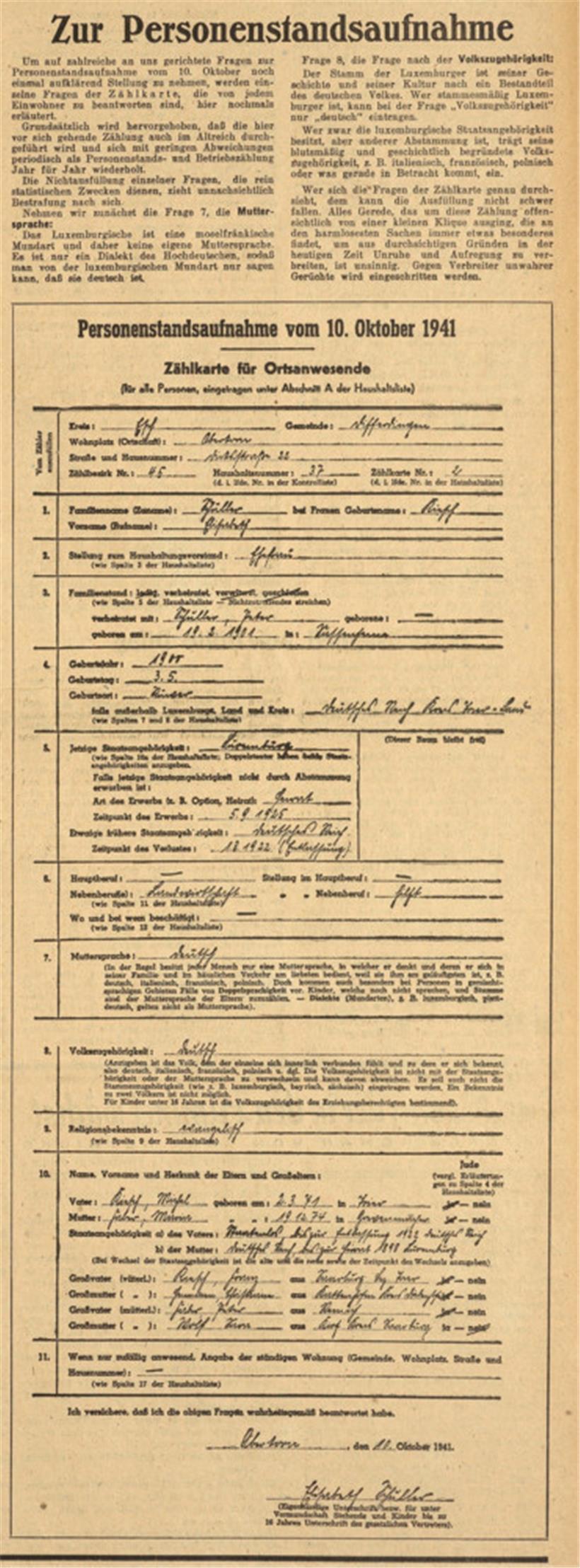Ausgefüllte Zählkarte der Personenstandsaufnahme vom 10. Oktober 1941. Die Luxemburger wurden angewiesen, die Fragen „Muttersprache“ und „Volkszugehörigkeit“ mit „deutsch“ zu beantworten.
