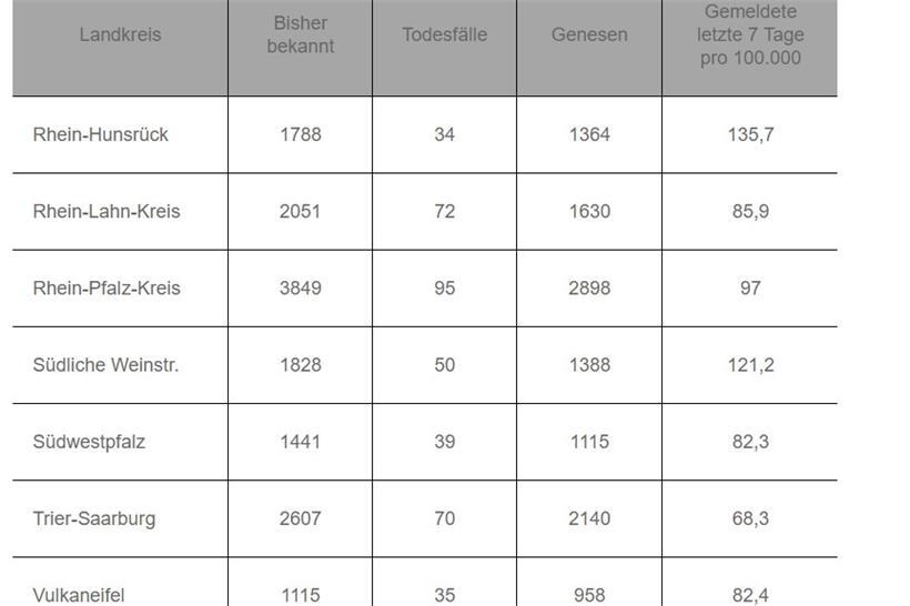 Ausschnitt aus der Inzidenzen-Liste des Landes Rheinland-Pfalz am 15. Januar 2021
