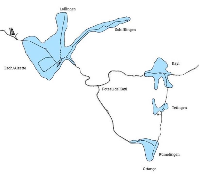 Ausschnitt der Karte des Streckennetzes der „Minettstram“: Nach links ging es weiter in Richtung Differdingen – nach rechts in Richtung Düdelingen
