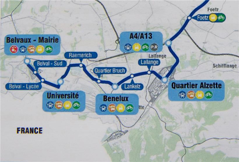 Ausschnitt der Karte mit dem Verlauf der Straßenbahn durch Esch und Belval. U.a. geht es durch die Beleser Straße.

