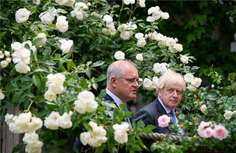 Australiens Premier Scott Morrison und sein britischer Amtskollege Boris Johnson im Garten der 10 Downing Street
