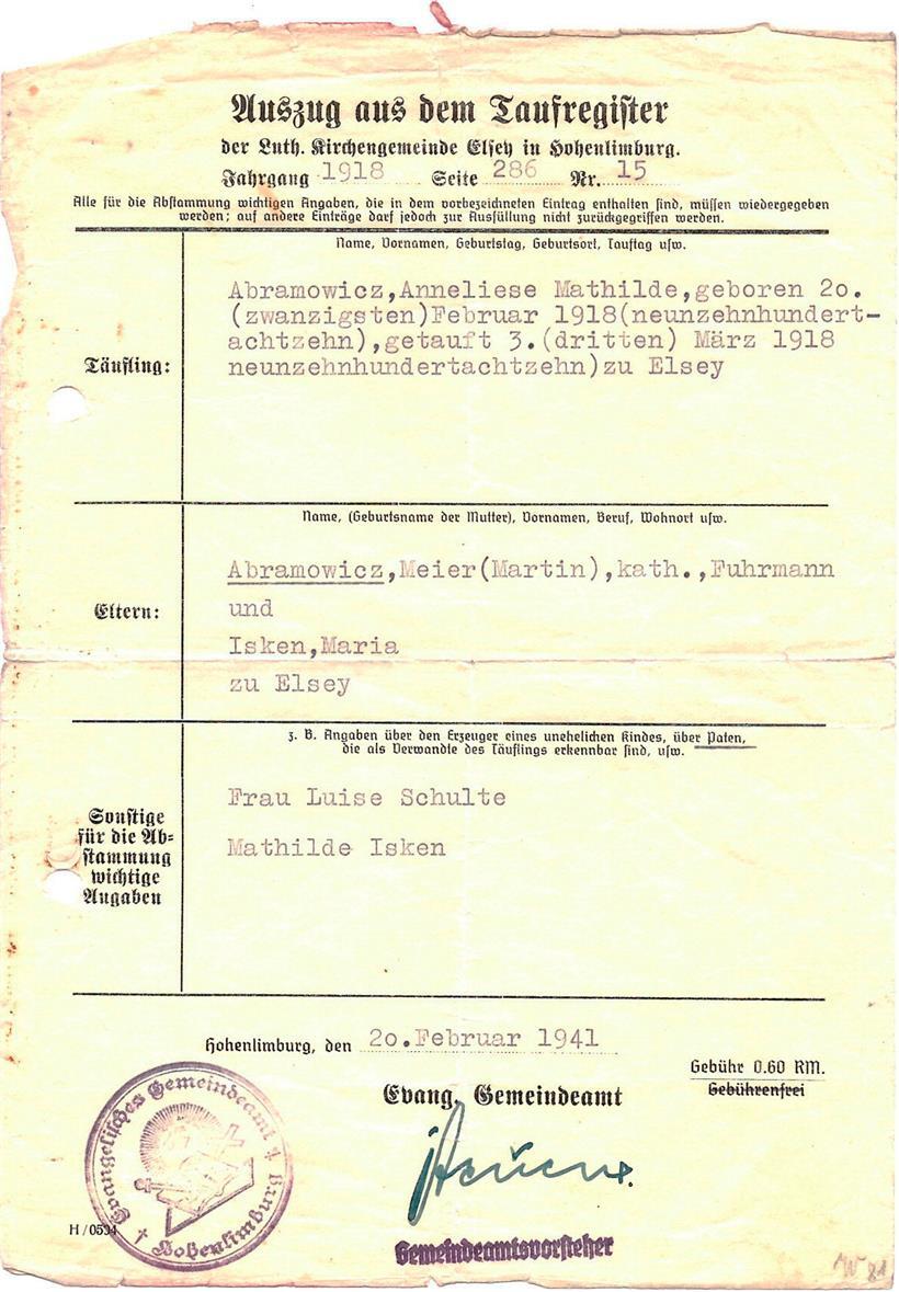 Auszug aus dem Taufregister der zweiten Tochter von Martin A. Seine Religionszugehörigkeit: katholisch, nicht jüdisch.
