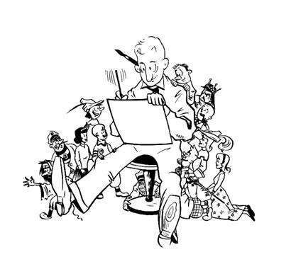 Autoportrait de Gab Weis, entouré de ses personnages
