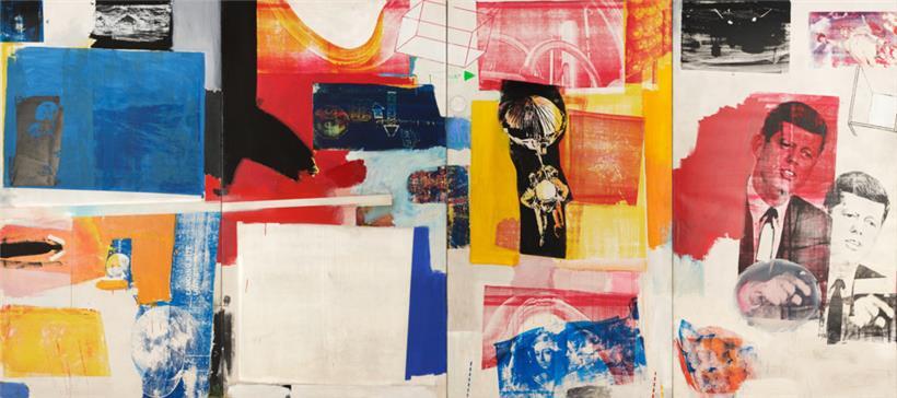 „Axle“ (1964) von Robert Rauschenberg ist ein Siebdruck auf Leinwand
