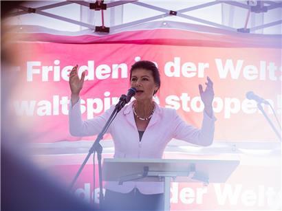 Sahra Wagenknecht, Gründerin der BSW, beim Wahlkampf in Berlin-Schöneberg am Donnerstag