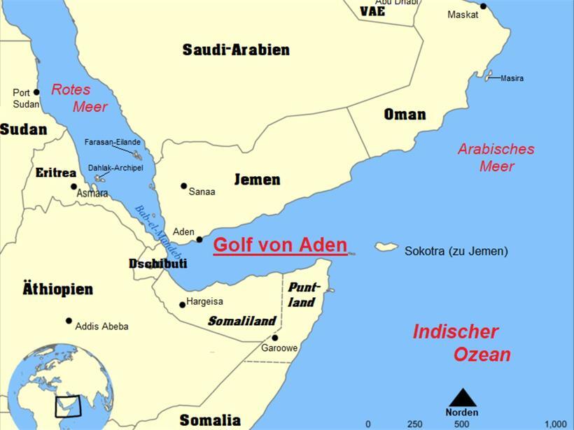 Bab al-Mandab liegt genau zwischen dem Roten Meer und dem Golf von Aden am Horn von Afrika
