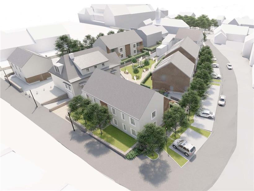 „Ansicht des Wohnprojekts Bei der aler Schoul in Peppingen mit modernen Gebäuden und grünen Außenanlagen“