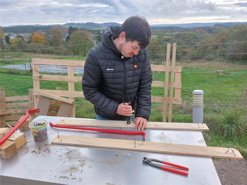 Ben bereitet alte Holzpaletten für das Projekt „Kleinholz“ auf
