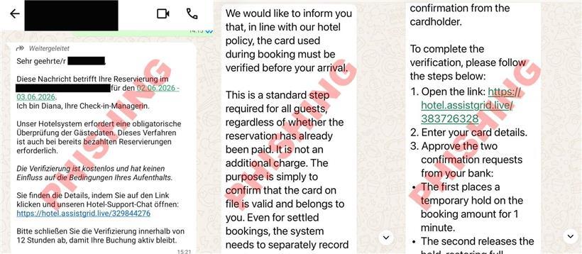 Betrügerische WhatsApp-Nachricht auf Smartphone, Warnung vor Phishing und Online-Betrug an Kunden