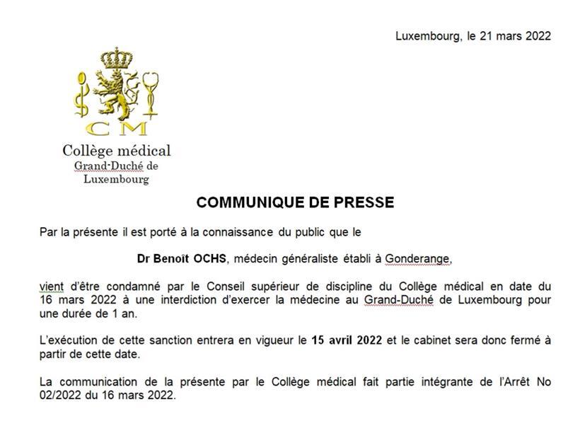 Berufsverbot für Dr. Benoît Ochs tritt ab 15. April in Kraft 