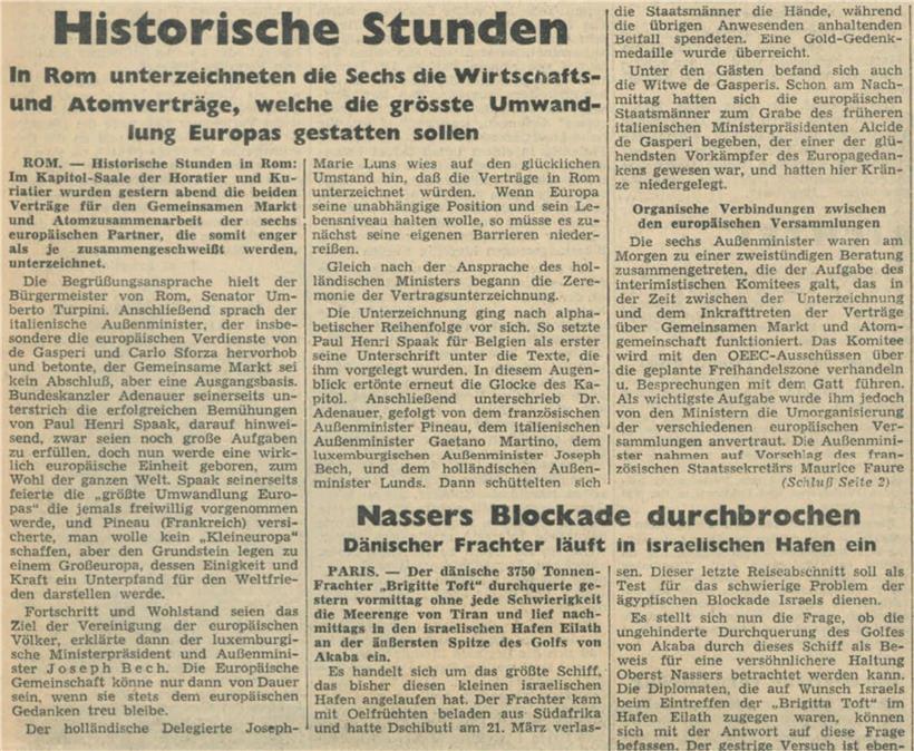 Tageblatt vom 26. März 1957: Vertreter Luxemburgs, Belgiens, Deutschlands, Frankreichs, Italiens und der Niederlande unterzeichen die „Römischen Verträge“ – und gründen damit die Europäische Wirtschaftsunion. Es gilt als die Geburtsstunde der Europäischen Union.