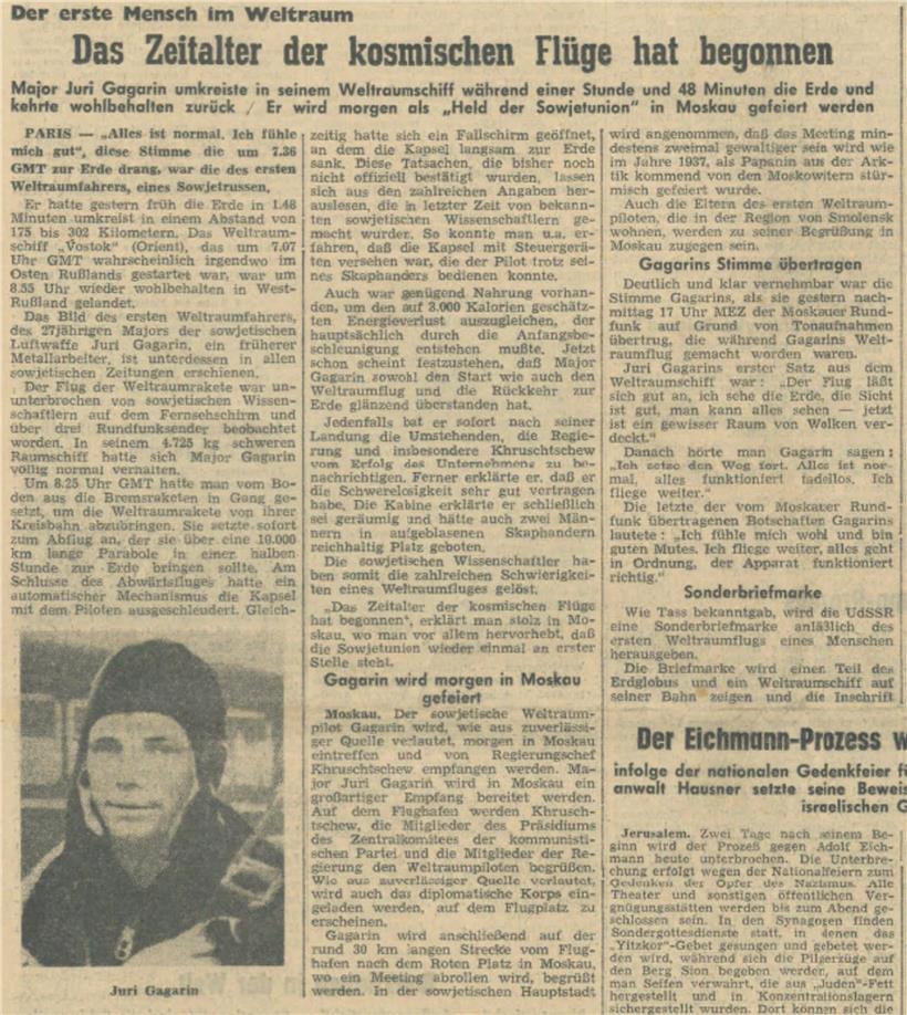 Das kosmische Zeitalter hat begonnen. Von Juri Gagarins erstem Flug ins All berichtete das Tageblatt am nächsten Tag, dem 13. April 1961.