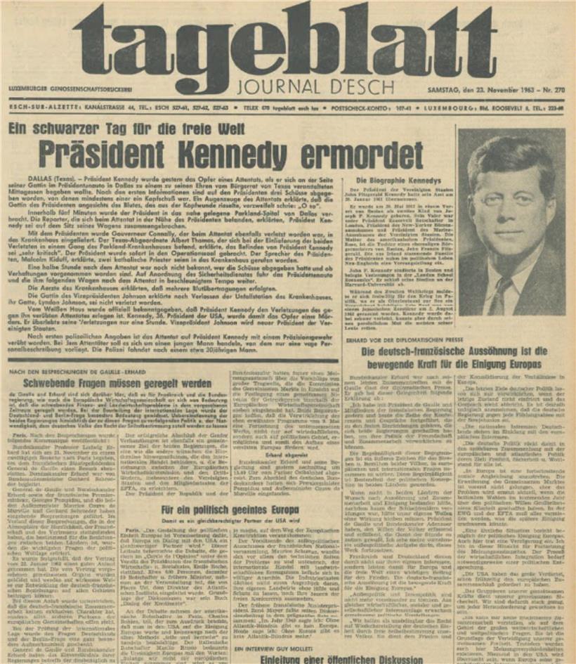 Schwarzer Tag für die freie Welt: Am Samstag, 23. November 1963, berichtet das Tageblatt über das Attentat auf US-Präsident John F. Kennedy in Dallas.