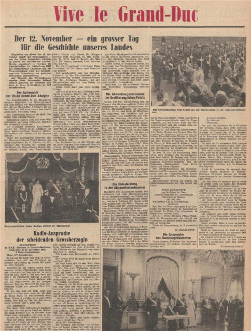 Vive le Grand-Duc – aber nur auf Seite 3. Am 13. November 1964 berichtet das Tageblatt von der Amtseinführung von Großherzog Jean. Auf der Titelseite bekam das neue Staatsoberhaupt zwar ein Foto – im eigentlichen Zeitungsaufmacher ging es jedoch um Zwist zwischen den EWG-Mitgliedsstaaten. Immerhin bekam der neue Großherzog auf seiner Innenseite „2c“ spendiert – der Zweifarbdruck mit dem Seitentitel in der Schmuckfarbe Rot.