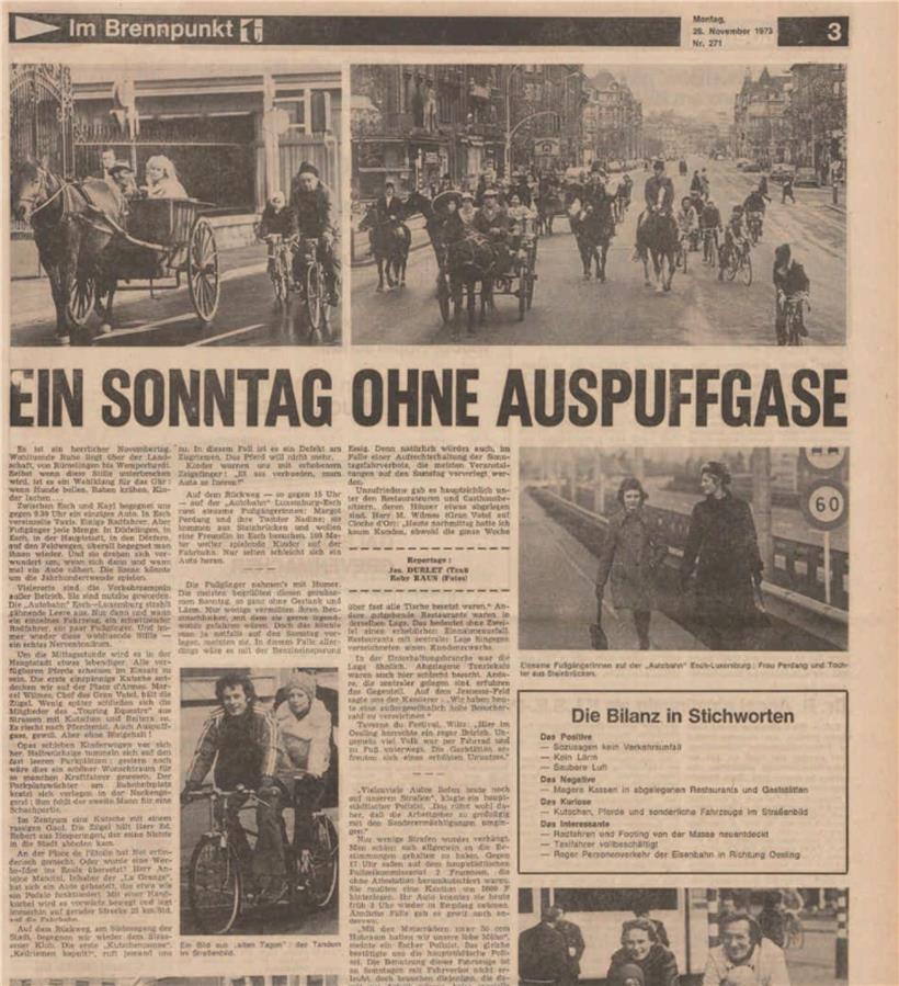 Nimm das Pferd statt das Auto. Viele Luxemburger nutzten die autofreien Sonntage, die wegen der Ölkrise beschlossen wurden, um „wohltuende Ruhe“ zu genießen. Das Tageblatt berichtete am 26. November 1973 von kuriosen Situationen und gut gelaunten Spaziergängern.