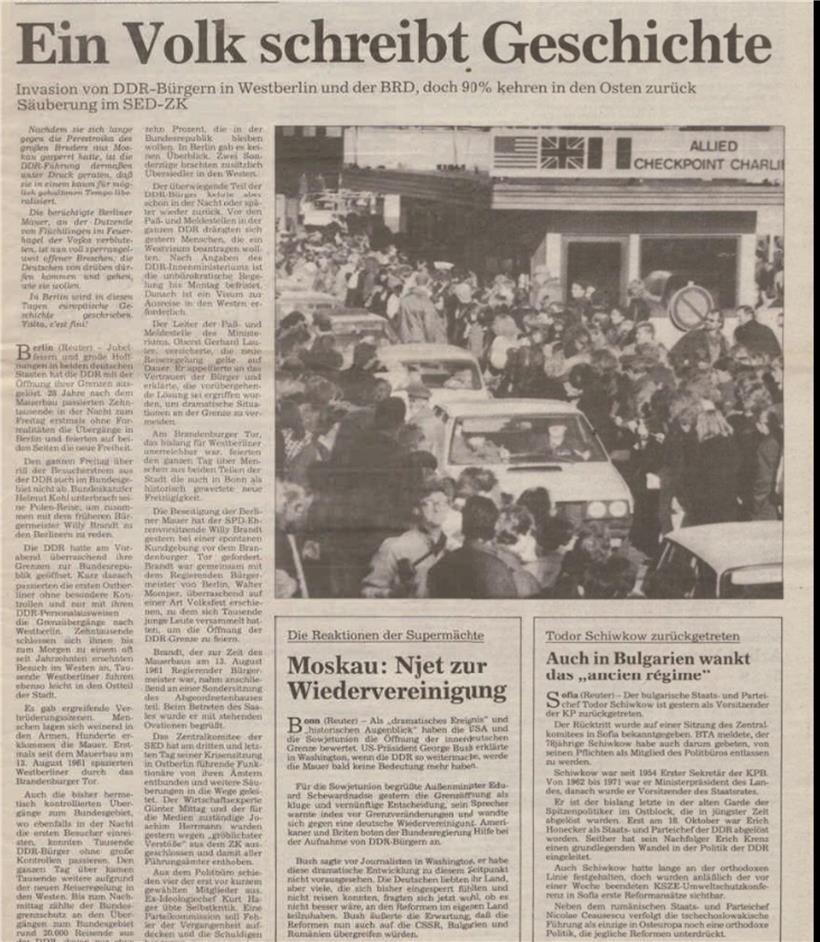 Eine „Invasion von DDR-Bürgern in Westberlin“ verzeichnete das Tageblatt vom 11. November 1989. Der Grund ist klar: Die Mauer war gefallen.