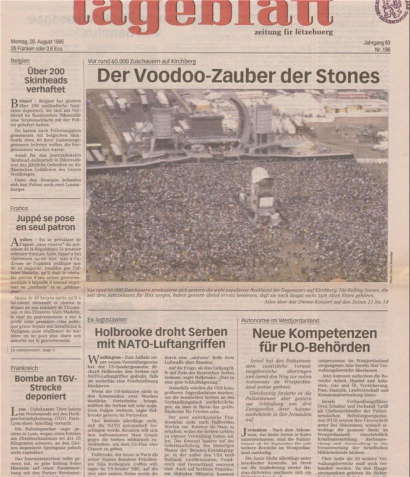 Ganz schön was los: Die Rolling Stones kamen am 27. August 1995 nach Luxemburg und spielten vor 60.000 Menschen. Unsere Ausgabe vom 28. August 1995.