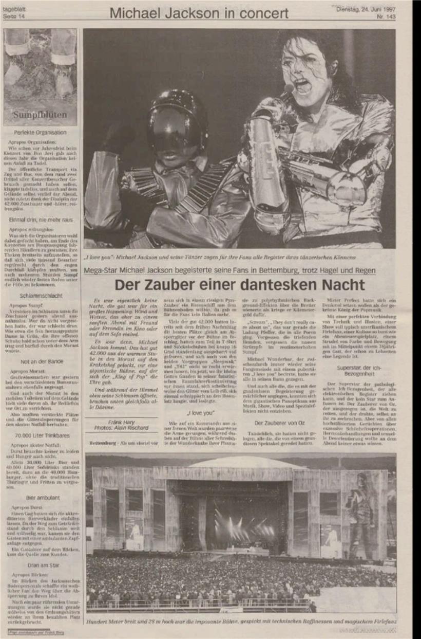 Auch er war mal da: Am 22. Juni gastierte Michael Jackson in Bettemburg. Unter Hagel und Regen lieferte der King of Pop eine „danteske“ Nacht ab, wie das Tageblatt am 24. Juni 1997 berichtete.