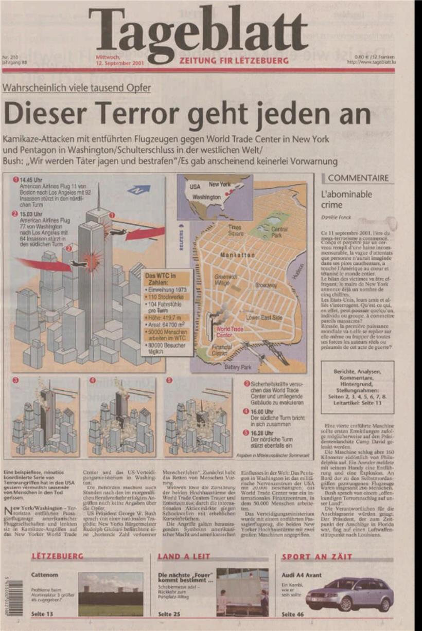 Ein Tag der die Welt veränderte: Die (farbige) Tageblatt-Ausgabe vom 12. September 2021. Anders als viele andere Medien machte das Tageblatt mit einer Infografik auf – die verstörenden Fotos von den Terrorattacken vom 11. September gab es nur im Innenteil.